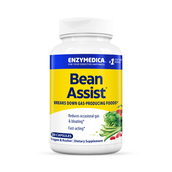 Produktfoto: Das Bild zeigt eine weiße Flasche mit einem gelben Etikett, auf dem “Bean Assist“ steht. Es handelt sich um ein Nahrungsergänzungsmittel von Enzymedica, das Blähungen reduziert. Die Flasche enthält 30 Kapseln und ist vegan und koscher.