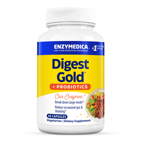 Produktfoto: Eine weiße Flasche mit gelbem Etikett, “Digest Gold + Probiotics“ von Enzymedica, 45 vegetarische Kapseln.