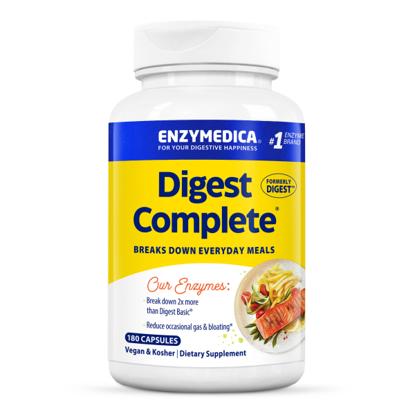 Produktfoto: Weiße Flasche mit gelbem Etikett “Digest Complete“ von Enzymedica, 180 Kapseln, Verdauungsenzyme, vegan, koscher.