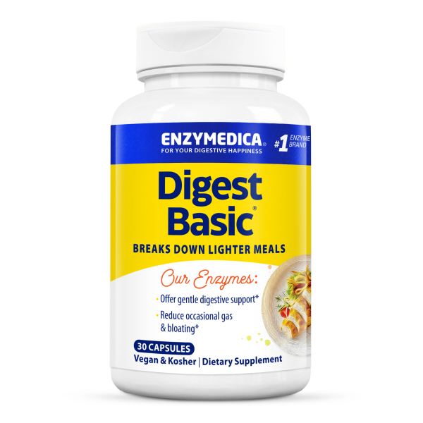 Produktfoto: Flasche Enzymedica Digest Basic, Nahrungsergänzungsmittel mit 30 veganen Kapseln für die Verdauung, gelbes Etikett mit Text und Bild.