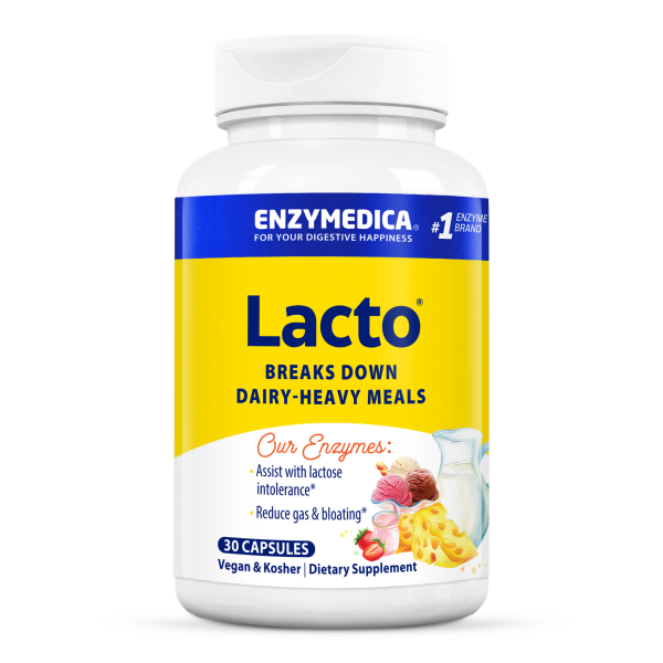 Produktfoto: Eine Flasche mit Enzympräparat 'Lacto' von Enzymedica, zur Unterstützung bei laktosehaltigen Mahlzeiten. Enthält 30 vegane und koschere Kapseln.
