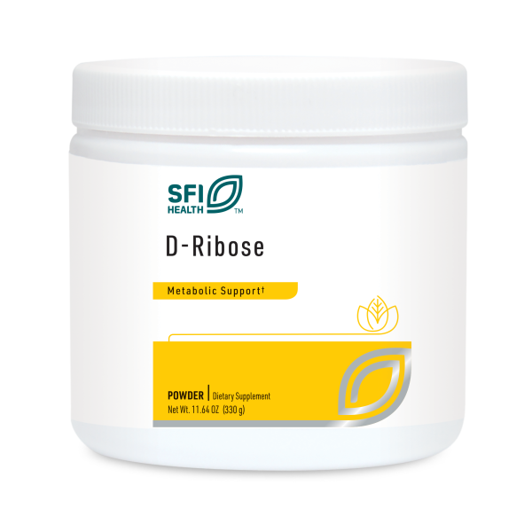 Produktfoto: Das Bild zeigt einen weißen Behälter mit einem Schraubverschluss. Auf dem Etikett steht “SFI Health D-Ribose Metabolic Support“. Der Behälter enthält 330 g Pulver. Das Etikett ist hauptsächlich in Weiß und Gelb gehalten.