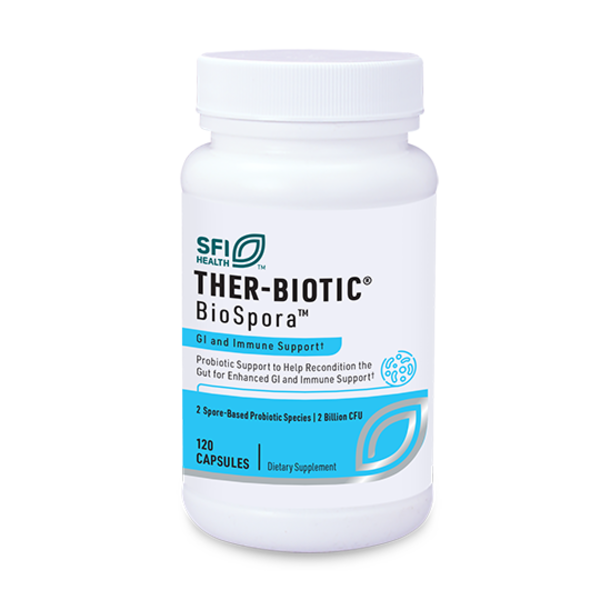 Produktfoto: Die Abbildung zeigt eine weiße Plastikflasche mit einem blauen Etikett. Auf dem Etikett steht “SFI Health THER-BIOTIC BioSpora™ GI and Immune Support“. Die Flasche enthält 120 Kapseln eines Nahrungsergänzungsmittels zur Unterstützung des Magen-Darm-Systems und des Immunsystems. Das Etikett hebt hervor, dass es sich um eine probiotische Unterstützung handelt, um den Darm für eine verbesserte Magen-Darm- und Immununterstützung zu rekonstruieren. Es sind 2 sporenbasierte probiotische Arten mit 2 Milliarden KBE enthalten.