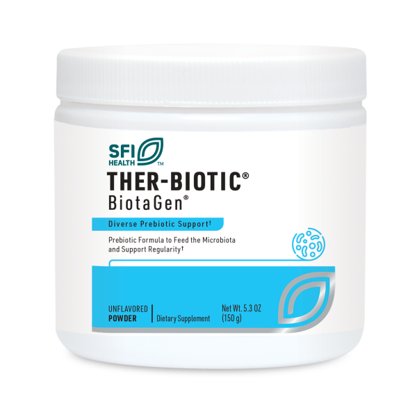 Produktfoto: Ein weißer Behälter mit der Aufschrift 'SFI Health THER-BIOTIC BiotaGen Diverse Prebiotic Support'. Der Behälter enthält ein unaromatisiertes Pulver als Nahrungsergänzungsmittel mit 150 g Inhalt. Auf dem Etikett sind auch ein Logo und weitere Beschreibungen zu sehen.