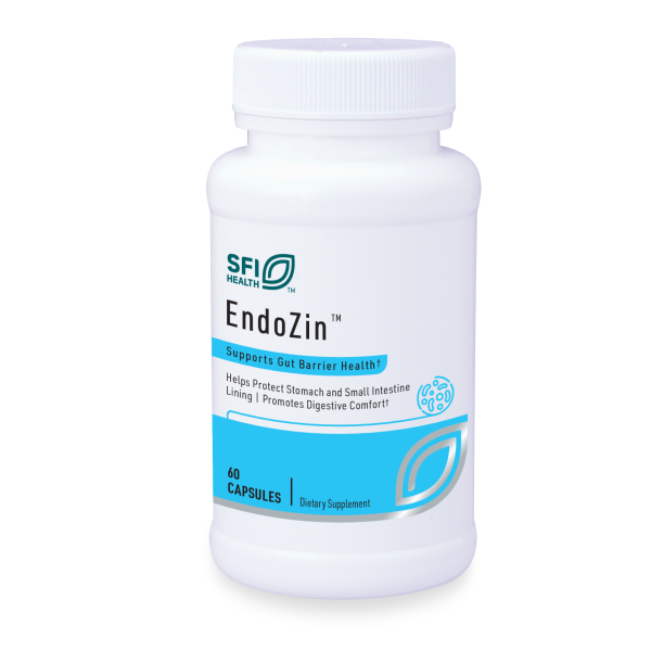 Produktfoto: Das Bild zeigt eine weiße Plastikflasche mit dem Aufdruck 'SFI Health EndoZin'. Die Flasche enthält 60 Kapseln und ist für die Unterstützung der Darmgesundheit ausgelegt. Auf dem Etikett steht: 'Supports Gut Barrier Health', 'Helps Protect Stomach and Small Intestine Lining', 'Promotes Digestive Comfort'. Die Flasche ist auf einem weißen Hintergrund abgebildet.