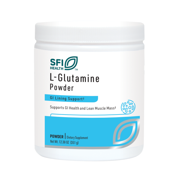 Produktfoto: Ein weißer Behälter mit der Aufschrift 'SFI Health L-Glutamine Powder'. Der Behälter hat einen blauen Akzent und enthält Informationen zur Unterstützung der Magen-Darm-Gesundheit und Muskelmasse. Nettogewicht: 351 g.