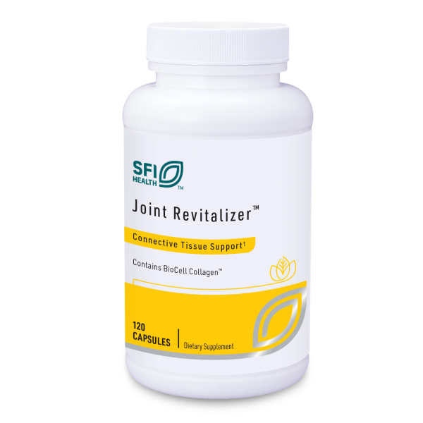Produktfoto: Eine weiße Kunststoffflasche mit dem Aufdruck 'SFI Health Joint Revitalizer' und 'Connective Tissue Support'. Enthält 120 Kapseln. Die Flasche hat gelbe und grüne Designelemente.
