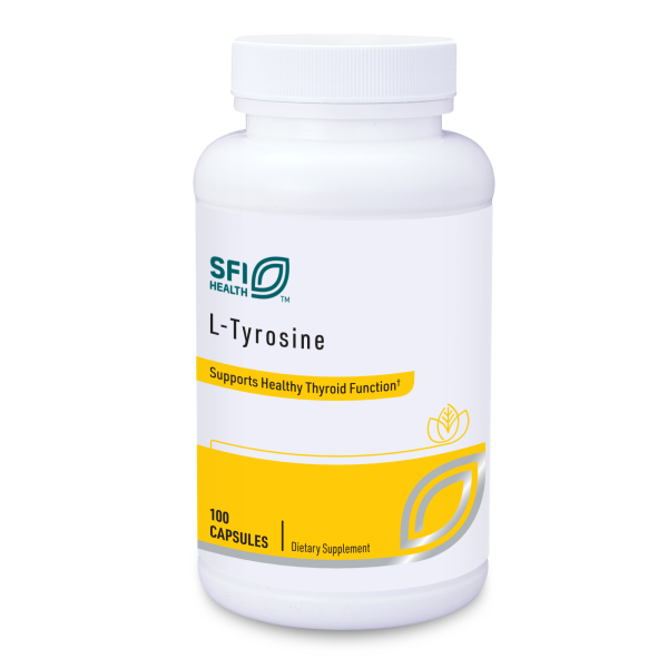 Produktfoto: Das Bild zeigt eine weiße Plastikflasche mit einem Schraubverschluss, die das Nahrungsergänzungsmittel L-Tyrosine von SFI Health enthält. Auf der Flasche steht 'Supports Healthy Thyroid Function'. Die Flasche hat ein gelbes Etikett mit der Aufschrift '100 Capsules'.