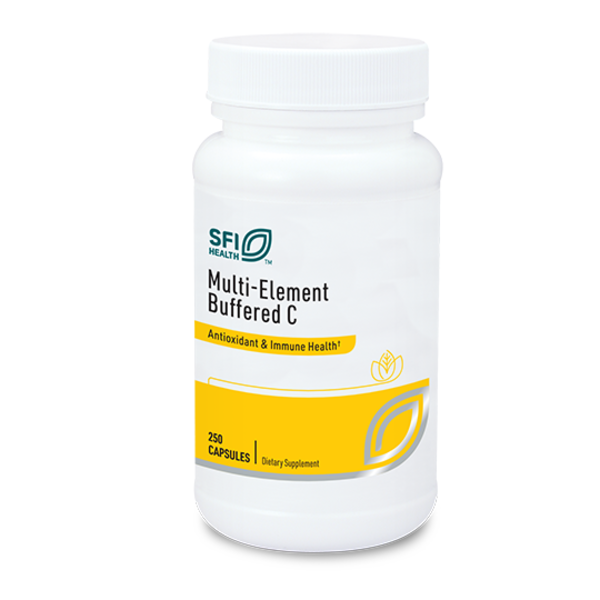 Produktfoto: Ein weißer Kunststoffbehälter mit Schraubverschluss, etikettiert mit 'SFI Health Multi-Element Buffered C'. Das Etikett ist weiß mit gelben Akzenten und enthält den Text 'Antioxidant & Immune Health' sowie '250 Capsules Dietary Supplement'.