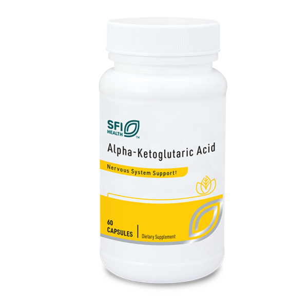 Produktfoto: Eine weiße Plastikflasche mit der Aufschrift 'SFI Health Alpha-Ketoglutaric Acid'. Das Etikett ist gelb und weiß mit einem grünen Logo. Der Text 'Nervous System Support!' ist ebenfalls zu sehen. Die Flasche enthält 60 Kapseln eines Nahrungsergänzungsmittels.