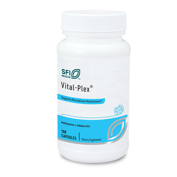 Produktfoto: Eine weiße Plastikflasche mit blauem Etikett, auf dem “SFI Health Vital-Plex“ steht. Darunter steht “Supports Microbiome Maintenance“. Die Flasche enthält 100 Kapseln und ist ein Nahrungsergänzungsmittel.
