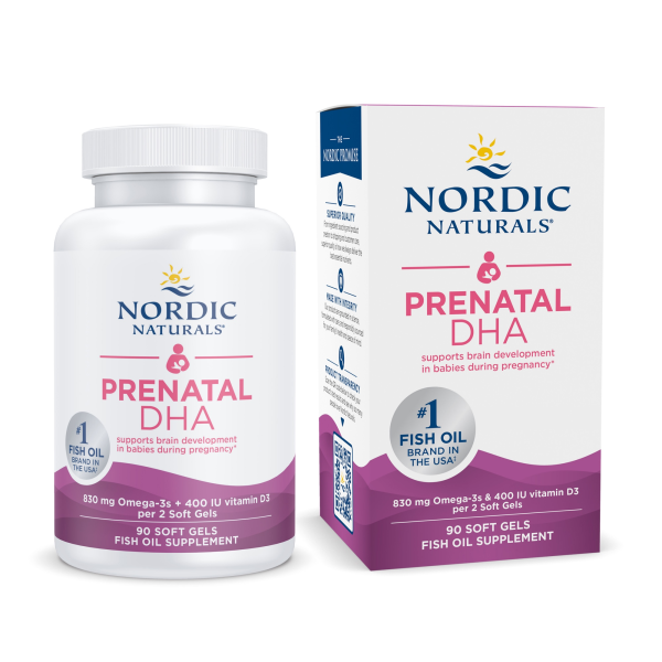 Produktfoto: Flasche und Verpackung von Nordic Naturals Prenatal DHA, Fischöl-Ergänzungsmittel mit Omega-3 und Vitamin D3, unterstützt Gehirnentwicklung in der Schwangerschaft.