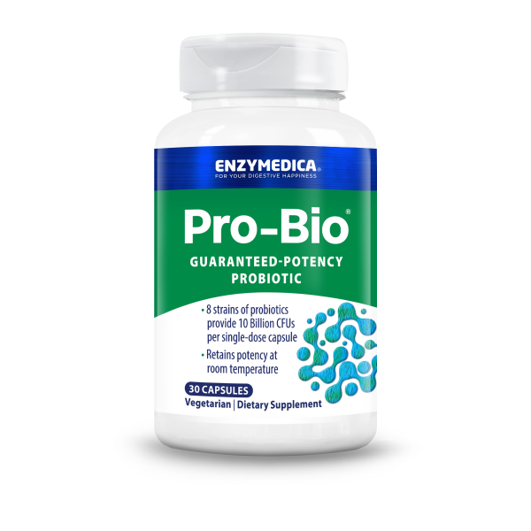 Produktfoto: Eine weiße Plastikflasche mit einem blauen und grünen Etikett. Auf dem Etikett steht 'Pro-Bio Guaranteed-Potency Probiotic'. Die Flasche enthält 30 Kapseln und ist ein Nahrungsergänzungsmittel von Enzymedica. Es verspricht 10 Milliarden KBE pro Kapsel und ist vegetarisch. Die Flasche steht auf einem weißen Hintergrund.
