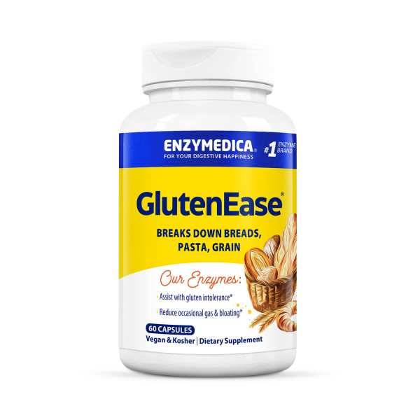 Produktfoto: Eine weiße Flasche mit gelbem Etikett, auf dem 'GlutenEase' steht. Das Produkt wird von Enzymedica hergestellt und enthält 60 Kapseln. Es ist vegan und koscher. Auf dem Etikett steht, dass es bei Glutenintoleranz hilft und gelegentliche Blähungen reduziert. Ein Korb mit Brot ist abgebildet.