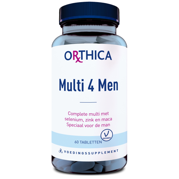 Produktfoto: Ein Nahrungsergänzungsmittel namens Orthica Multi 4 Men in einer blauen Plastikflasche mit Schraubverschluss. Auf dem Etikett steht 'Complete multi met selenium, zink en maca Speciaal voor de man'. Enthält 60 Tabletten und ist vegetarisch.