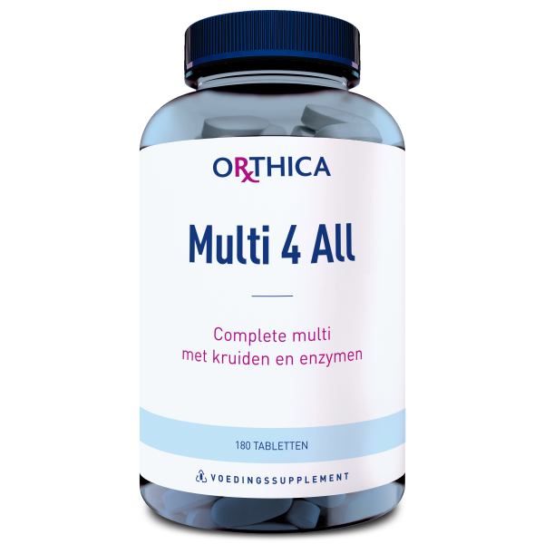Produktfoto: Das Bild zeigt eine Flasche des Nahrungsergänzungsmittels 'Orthica Multi 4 All'. Die Flasche ist transparent mit einem blauen Deckel und enthält 180 Tabletten. Auf dem Etikett steht: 'Complete multi met kruiden en enzymen'.