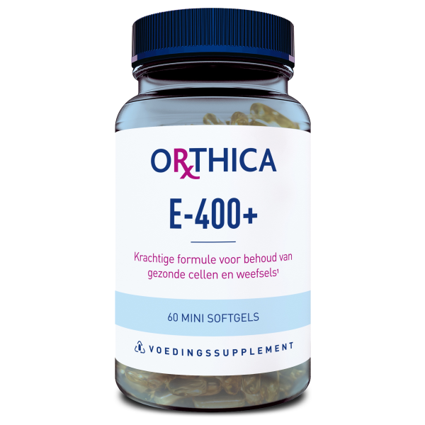 Produktfoto: Ein Glasbehälter mit blauer Kappe, gefüllt mit Mini-Softgels. Auf dem Etikett steht 'Orthica E-400+', 'Krachtige formule voor behoud van gezonde cellen en weefsels', '60 Mini Softgels', 'Voedingssupplement'.