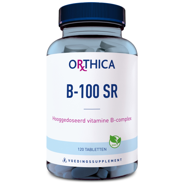 Produktfoto: Das Bild zeigt eine Flasche mit dem Etikett 'ORTHICA B-100 SR', das ein hochdosiertes Vitamin-B-Komplex-Präparat beschreibt. Die Flasche enthält 120 Tabletten und ist als vegan gekennzeichnet. Auf dem Etikett sind die Farben Blau und Weiß dominierend.