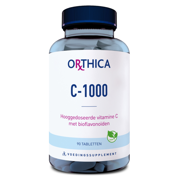 Produktfoto: Eine Flasche mit dem Etikett 'Orthica C-1000', die 90 Tabletten enthält. Das Produkt ist ein hochdosiertes Vitamin C mit Bioflavonoiden und vegan zertifiziert. Die Flasche ist durchsichtig mit blauem Deckel.