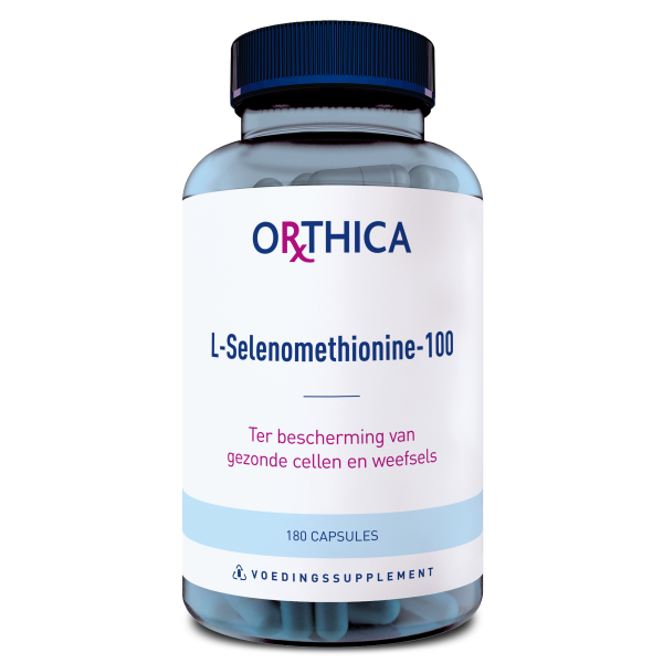 Produktfoto: Eine Flasche mit Nahrungsergänzungsmitteln der Marke Orthica. Auf dem Etikett steht “L-Selenomethionine-100“ und “Ter bescherming van gezonde cellen en weefsels“. Die Flasche enthält 180 Kapseln.
