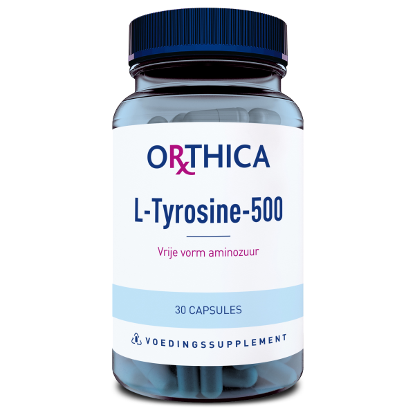 Produktfoto: Ein Glasbehälter mit einem blauen Deckel enthält 30 Kapseln. Auf dem Etikett steht 'ORTHICA L-Tyrosine-500', 'Vrije vorm aminozuur' und 'VOEDINGSSUPPLEMENT'.