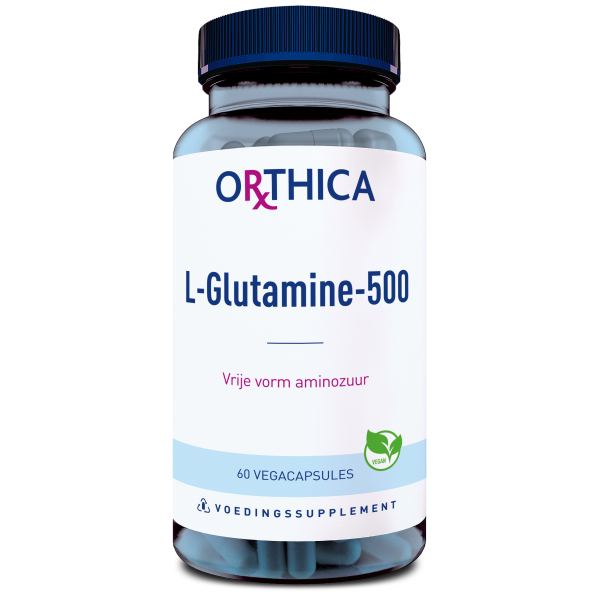 Produktfoto: Die Abbildung zeigt eine Flasche des Nahrungsergänzungsmittels „Orthica L-Glutamine-500“. Die Flasche ist blau mit einem weißen Etikett, auf dem der Produktname und die Angabe „60 Vegacapsules“ zu sehen sind. Das Etikett enthält auch ein grünes Logo mit der Aufschrift „Vegan“.