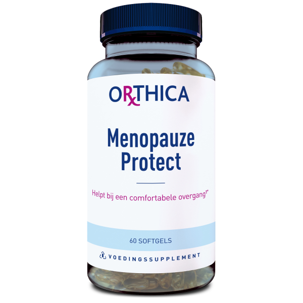 Produktfoto: Das Bild zeigt eine Flasche mit Nahrungsergänzungsmitteln der Marke Orthica. Auf dem Etikett steht 'Menopauze Protect'. Die Flasche enthält 60 Softgels und ist als Unterstützung für eine komfortable Menopause gekennzeichnet. Die Etikettenfarben sind hauptsächlich weiß und blau. Die Flasche ist durchsichtig, sodass die Softgels sichtbar sind.