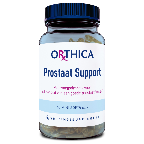 Produktfoto: Das Bild zeigt eine Flasche mit einem Nahrungsergänzungsmittel namens “Orthica Prostaat Support“. Die Flasche ist durchsichtig mit einer blauen Kappe und enthält 60 Mini-Softgels. Auf dem Etikett steht: “Met zaagpalmbees, voor het behoud van een goede prostaatfunctie“.