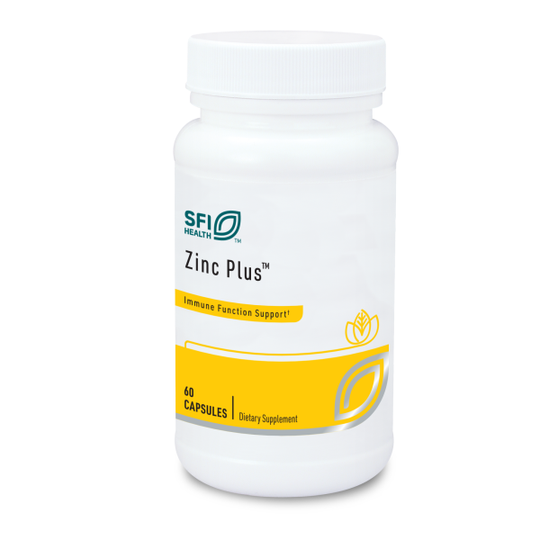 Produktfoto: Eine weiße Plastikflasche mit Schraubverschluss, auf der “SFI Health Zinc Plus“ steht. Das Etikett ist weiß mit gelben und grünen Akzenten. Die Flasche enthält 60 Kapseln eines Nahrungsergänzungsmittels zur Unterstützung der Immunfunktion.