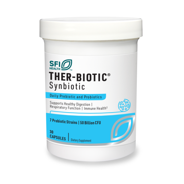 Produktfoto: Eine weiße Plastikdose mit dem Etikett 'SFI Health THER-BIOTIC Synbiotic'. Auf dem Etikett steht 'Daily Prebiotic and Probiotics', 'Supports Healthy Digestion | Respiratory Function | Immune Health'. Enthält 30 Kapseln mit 7 probiotischen Stämmen und 50 Milliarden CFU.