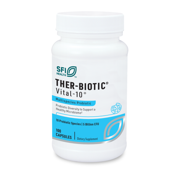 Produktfoto: Ein weißes Plastikbehältnis mit der Aufschrift 'SFI Health THER-BIOTIC Vital-10'. Es handelt sich um ein probiotisches Nahrungsergänzungsmittel mit 100 Kapseln. Der Behälter zeigt Informationen über die Anzahl der probiotischen Spezies und die CFU-Anzahl.