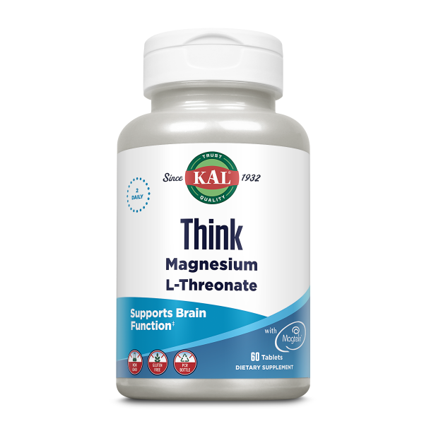Produktfoto: Die Abbildung zeigt eine weiße Plastikflasche mit einem Etikett, das “KAL Think Magnesium L-Threonate“ anzeigt. Das Produkt unterstützt die Gehirnfunktion und enthält 60 Tabletten. Es ist glutenfrei, nicht gentechnisch verändert und in einer PCR-Flasche verpackt.