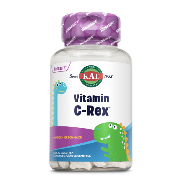 Produktfoto: Das Bild zeigt eine durchsichtige Plastikflasche mit einem lila Deckel, die 100 Kautabletten enthält. Auf dem Etikett steht 'KAL Vitamin C-Rex' mit Orangen Geschmack. Es sind bunte Dinosaurier auf dem Etikett abgebildet.