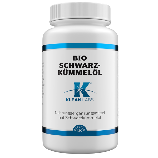 Produktfoto: Eine braune Flasche mit schwarzem Deckel, auf der ein weißes Etikett mit der Aufschrift 'Bio Schwarzkümmelöl Klean Labs' zu sehen ist. Das Etikett enthält auch ein blaues Logo und den Hinweis 'Nahrungsergänzungsmittel mit Schwarzkümmelöl'.