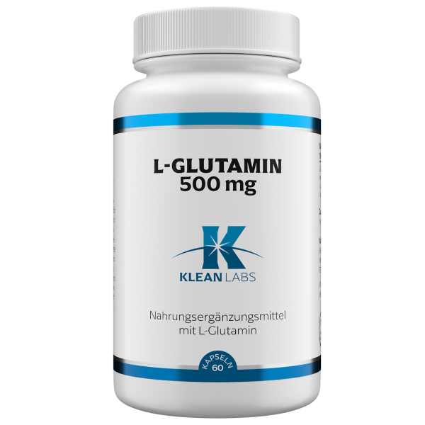 Produktfoto: Eine weiße Plastikflasche mit blauem Etikett, auf dem 'L-GLUTAMIN 500 mg' steht. Darunter ist das Logo von Klean Labs und der Hinweis 'Nahrungsergänzungsmittel mit L-Glutamin'. Die Flasche enthält 60 Kapseln.