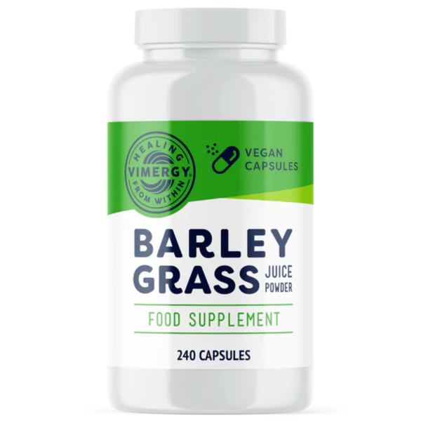 Produktfoto: Weiße Flasche mit grünem Etikett, “Barley Grass Juice Powder“. 240 vegetarische Kapseln, Nahrungsergänzungsmittel.