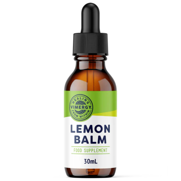 Produktfoto: Braunes Glasfläschchen mit Pipette, Etikett “Lemon Balm“, 30 ml, Nahrungsergänzungsmittel.