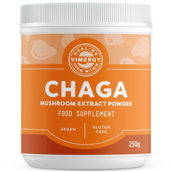 Produktfoto: Eine Dose mit Chaga-Pilzextraktpulver von Vimergy, ein Nahrungsergänzungsmittel. Es ist vegan, glutenfrei und USDA-zertifiziert biologisch.
