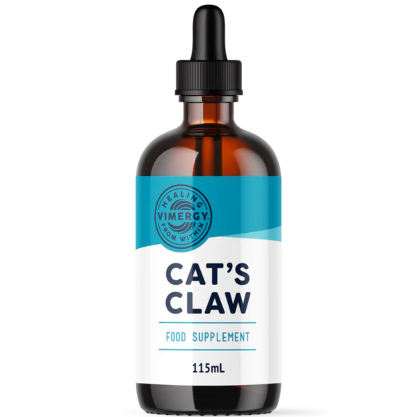 Produktfoto: Eine braune Glasflasche mit einem blauen Etikett, auf dem 'Cat's Claw Dietary Supplement' steht, neben einer Pipette mit orangefarbener Flüssigkeit.