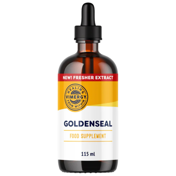 Produktfoto: Eine geöffnete Flasche mit der Aufschrift “Goldenseal Dietary Supplement“ steht neben einer Pipette. Die Flasche hat ein gelbes Etikett mit dem USDA Organic-Siegel. Der Hintergrund ist weiß.