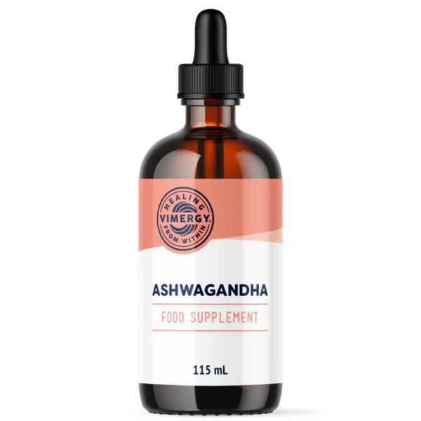 Produktfoto: Das Bild zeigt eine Flasche mit einem Nahrungsergänzungsmittel namens Ashwagandha der Marke Vimergy. Die Flasche ist braun mit einem schwarzen Tropfverschluss. Auf dem Etikett steht “USDA Organic“ und “Healing from Within“. Die Füllmenge beträgt 115 mL (3.88 FL. OZ.).