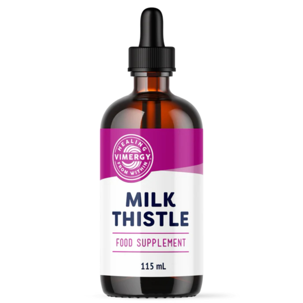 Produktfoto: Das Bild zeigt ein braunes Glasfläschchen mit der Aufschrift “Milk Thistle“ und einer Pipette. Das Etikett ist in Weiß und Pink gehalten. Das Produkt ist ein Nahrungsergänzungsmittel von Vimergy mit 115 ml Inhalt. Auf dem Etikett sind auch USDA Organic-Logos zu sehen.