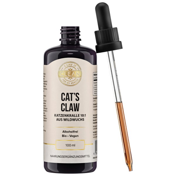 Produktfoto: Das Bild zeigt eine Flasche mit der Aufschrift 'Cat's Claw Katzenkralle 10:1 aus Wildwuchs'. Die Flasche ist dunkel mit einem Etikett, das Informationen über das Produkt enthält, einschließlich 'Alkoholfrei', 'Bio', 'Vegan' und '100 ml'. Um die Flasche herum sind Symbole und Texte, die die Vorteile des Produkts beschreiben, wie 'Wildwuchs-Qualität aus Regenwäldern', 'Alkoholfreier Extrakt (wasserbasiert)', 'Ausschließlich Rindenextrakt für maximale Bioaktivität', 'Immunsystem', 'Gelenkfunktion' und 'Traditionelle Heilpflanze des Amazonas'. Der Hintergrund ist weich und neutral, um den Fokus auf die Flasche zu legen.