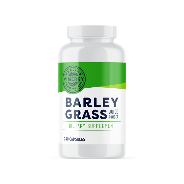 Produktfoto: Weiße Flasche mit grünem Etikett, “Barley Grass Juice Powder“. 240 vegetarische Kapseln, Nahrungsergänzungsmittel.