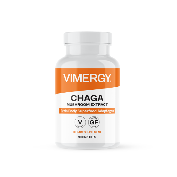Produktfoto: Flasche mit Chaga-Nahrungsergänzungsmittel, 90 vegetarische Kapseln, Marke Vimergy.