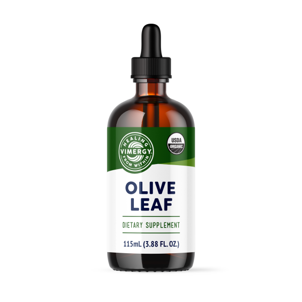 Produktfoto: Eine braune Glasflasche mit der Aufschrift “Olive Leaf“ und einem Pipettenverschluss steht aufrecht. Daneben liegt eine Pipette mit einer braunen Flüssigkeit.