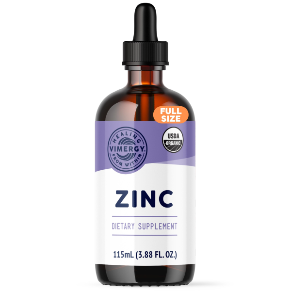 Produktfoto: Braune Flasche mit Pipette, Etikett: “Zinc Dietary Supplement“, 115 ml, USDA Organic.